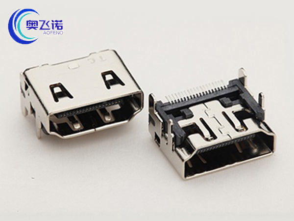 HDMI A型19P母座 板上90度四脚插板+针SMT单排贴片