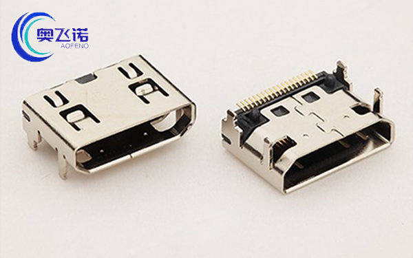 MINI HDMI A型19P母座 板上四脚插板针贴片 有柱 带弹 镀镍
